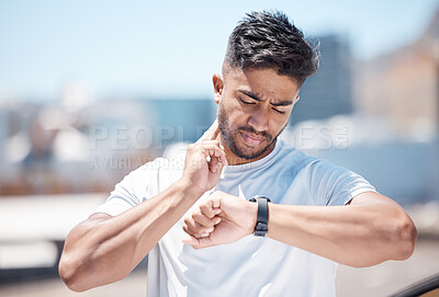 Buy stock photo Man, fitness and checking watch for pulse, heart rate or performance after running exercise in city. Fit, active and sporty male person, athlete or runner looking at wristwatch for monitoring in town