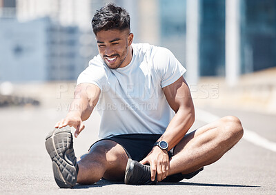 Buy stock photo Happy man, fitness and stretching body in city for running, cardio workout or exercise outdoors. Fit, active or sporty male person, athlete or runner in warm up leg stretch for training in urban town