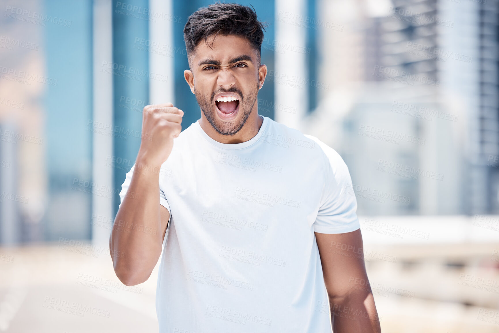 Buy stock photo Happy man, fitness and fist in city for celebration, achievement or winning in the outdoors. Excited male person, athlete or runner in joyful happiness for workout success or exercise in a urban town