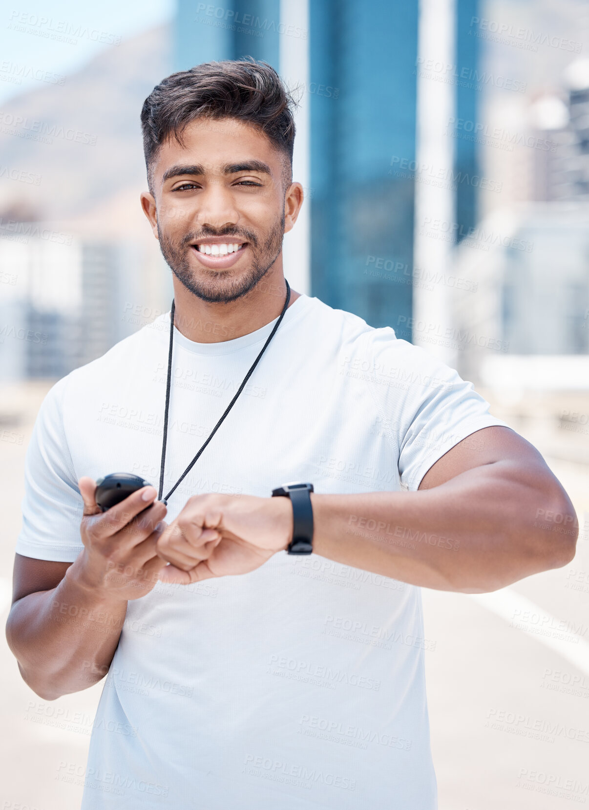 Buy stock photo Fitness, smart watch and portrait of man in city for time for running, exercise and heart rate workout. Wellness, sports and male person check wristband for marathon training, monitor and performance