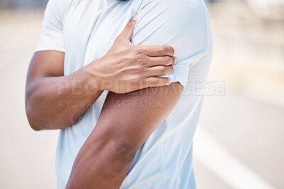 Buy stock photo Arm pain, sport injury and person with muscle, inflammation and accident from fitness. Outdoor, athlete and injured joint in arms from workout, exercise and training on a road for wellness and health