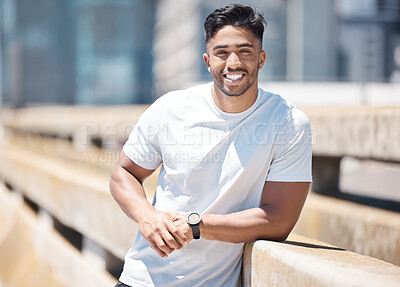 Buy stock photo Fitness, sport man and portrait in the city with break from running, workout and exercise outdoor. Urban, male person and Indian athlete with happiness, wellness and health from run for race in town