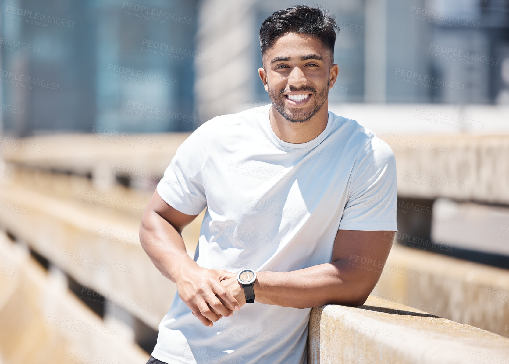 Buy stock photo Fitness, sport man and portrait in the city with break from running, workout and exercise outdoor. Urban, male person and Indian athlete with happiness, wellness and health from run for race in town