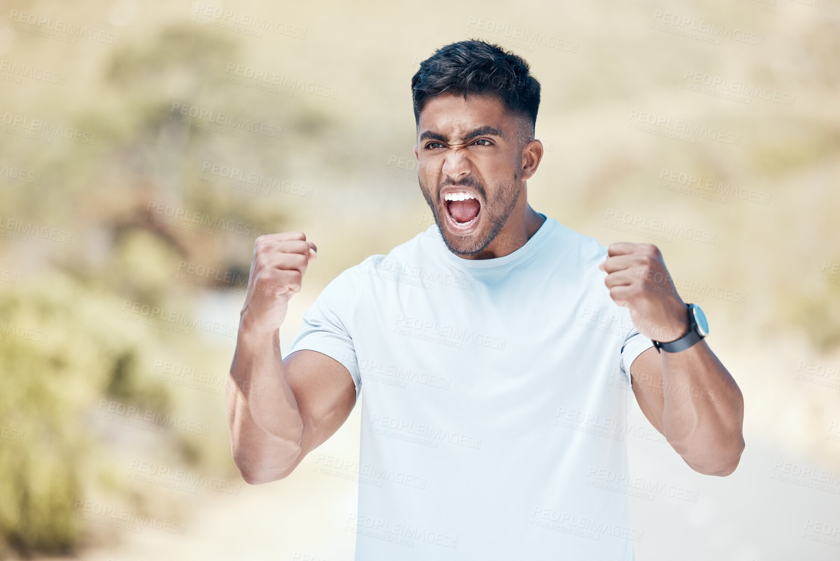 Buy stock photo Man, fitness and fist in nature for celebration, winning or achievement from workout, exercise or training outdoors. Happy and excited male person, athlete or runner in joy for cardio, win or victory