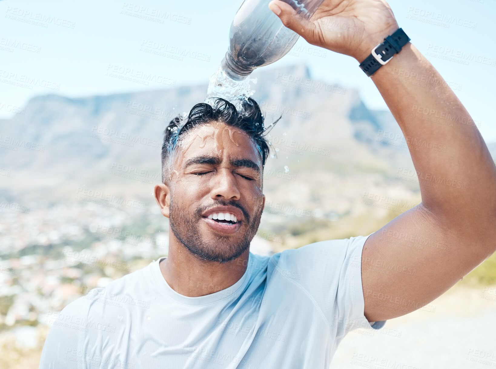 Buy stock photo Pour water, fitness and face of man in nature for exercise, marathon training and running. Sports, mountain and male person refresh with liquid for wellness, cardio workout and hydration to cool down