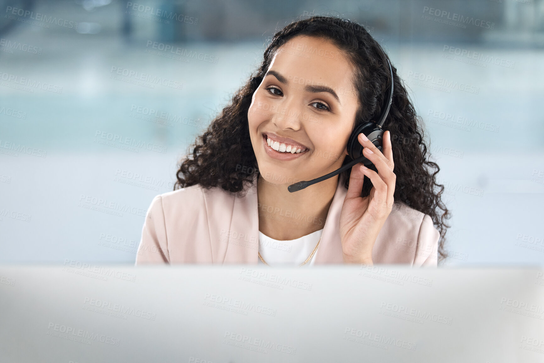 Buy stock photo Call center woman, smile and computer in office for customer service, tech support and IT advice with voip. Crm, telemarketing or agent with headset, microphone and consulting with pc at help desk