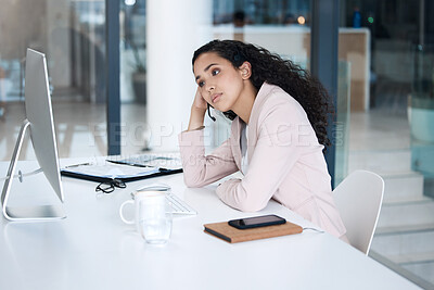 Buy stock photo Tired, stress and call center with business woman in office for anxiety, exhausted and burnout. Help desk, mental health and frustrated with female employee at computer for consulting and overworked