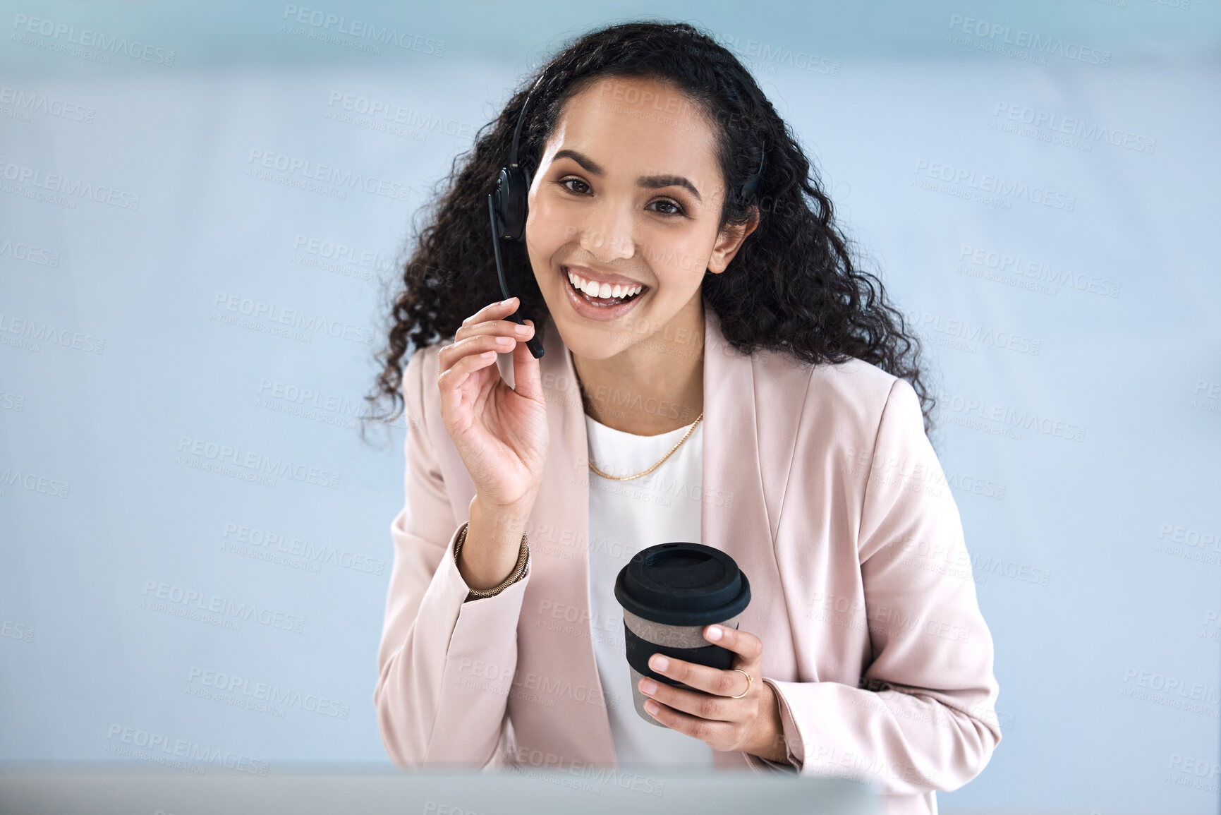 Buy stock photo Call center, customer support and portrait of woman with smile, coffee and headset for consulting. Telemarketing, communication and face of happy female worker for crm service, help desk and contact