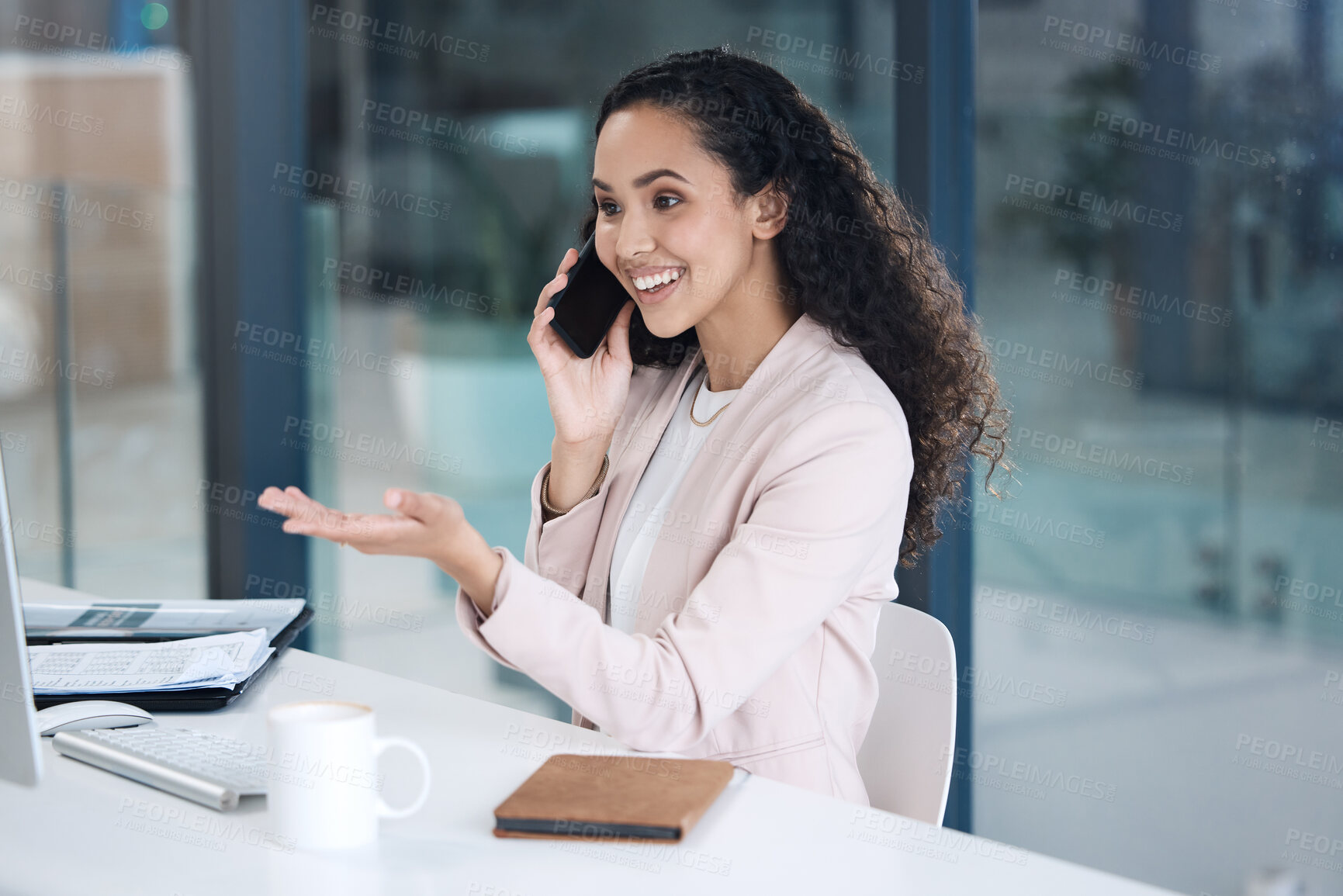 Buy stock photo Computer, excited and phone call with business woman in office for networking, deal or contact. Communication, happy and planning with female employee for online, project and connection