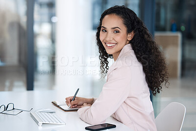Buy stock photo Writing, planning and portrait of business woman in office for research, administration and schedule. Happy, smile and corporate with female employee and notebook for creative, receptionist and idea