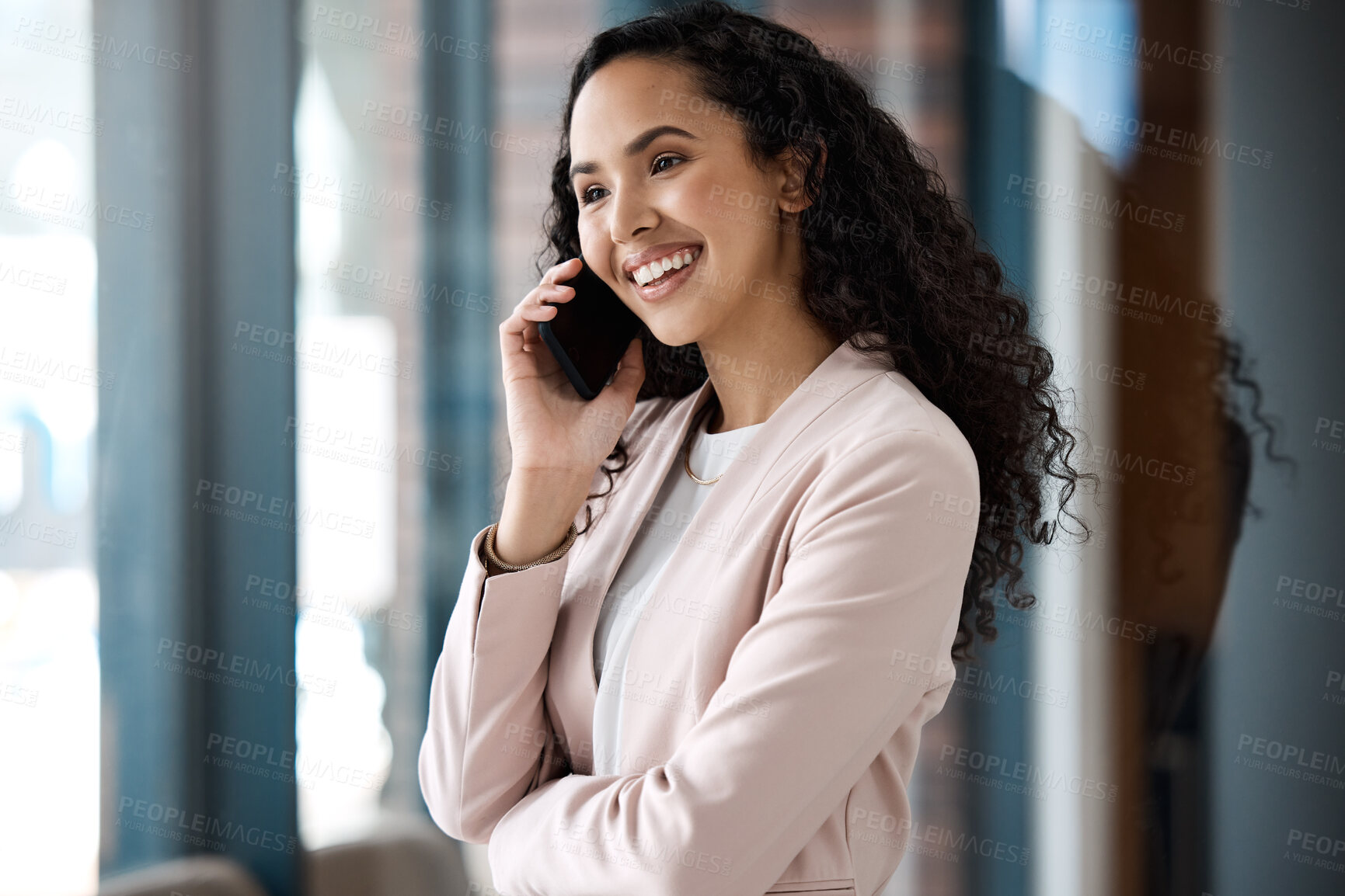 Buy stock photo Happy, consulting and phone call with business woman in office for networking, negotiation or contact. Communication, technology and planning with female employee for online, project or connection