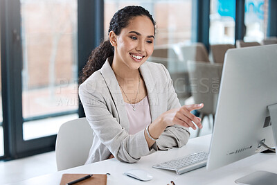 Buy stock photo Computer, success and businesswoman working in the office while reading information online. Happy, smile and professional female employee planning a corporate project on a desktop in the workplace.