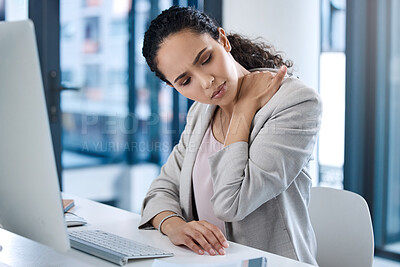 Buy stock photo Neck pain, stress and computer with business woman in office for tired, overworked and burnout. Exhausted, anxiety and mental health with corporate female employee at desk for frustrated and tension