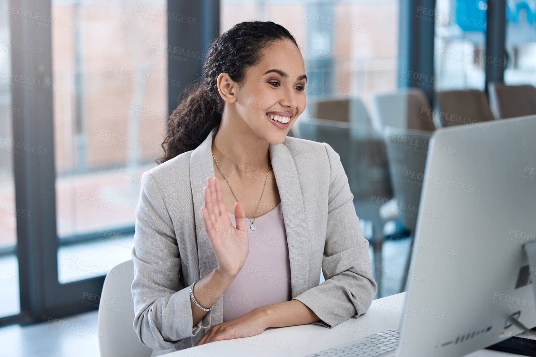 Buy stock photo Young business woman, wave and video call in office with smile for networking, contact or communication. Businesswoman, computer and webinar with happiness for online conference, chat or conversation