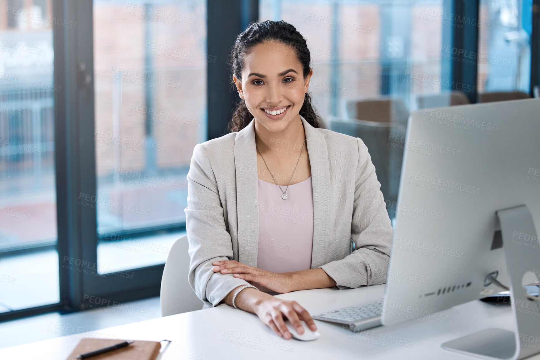 Buy stock photo Success, confidence and portrait of a businesswoman in the office while working on a computer. Happy, smile and professional female employee working on a corporate project on a pc in the workplace.