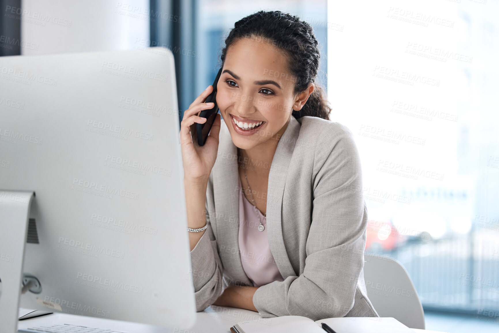 Buy stock photo Happy, phone call and computer with business woman in office for planning, consulting and networking. Communication, project and online with female employee for connection, contact and conversation