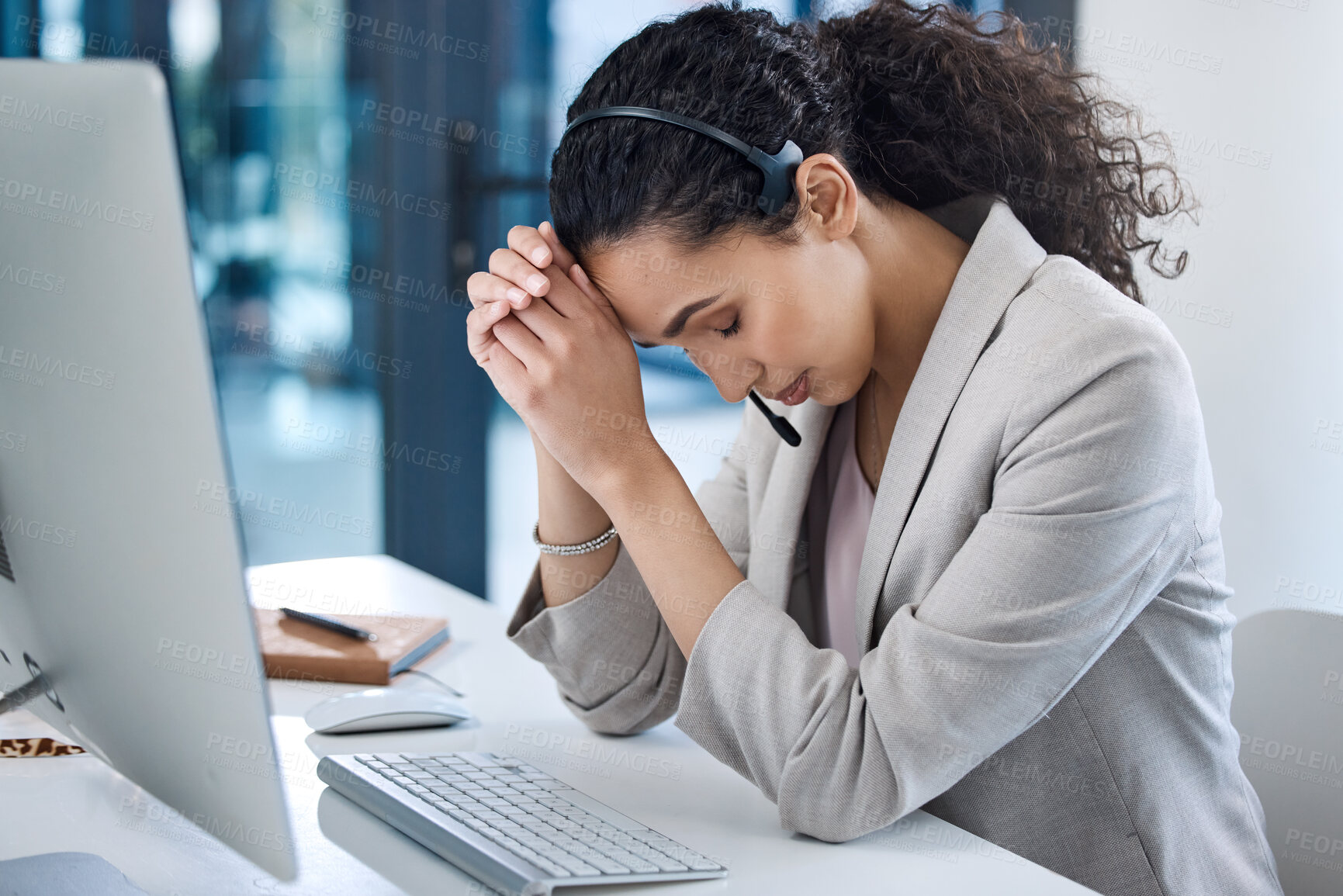 Buy stock photo Stress, headache and call center with business woman in office for tired, frustrated or burnout. Customer service, anxiety and mental health with female employee at computer for exhausted and mistake