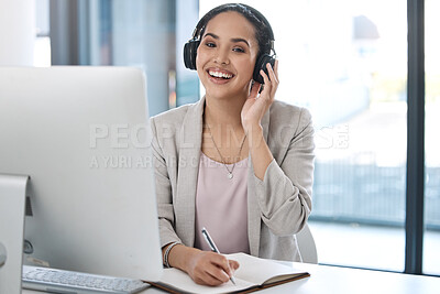 Buy stock photo Headphones, happy and portrait of business woman with smile listening to radio, song and audio in office. Corporate workplace, music and face of female worker writing notes, planning and schedule 