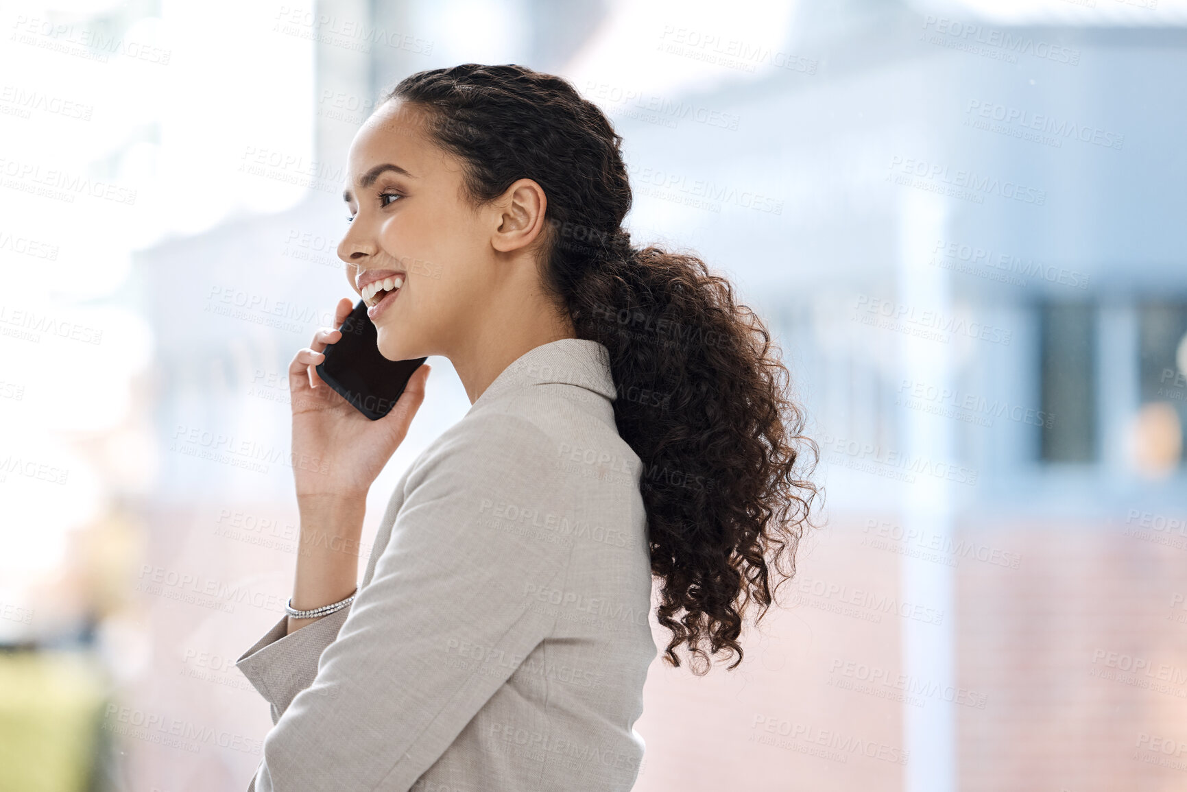 Buy stock photo Phone call, communication and businesswoman talking in the office for corporate discussion. Happy, confidence and professional employee with smile on mobile conversation with cellphone in workplace.