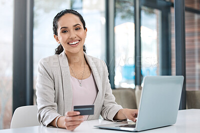 Buy stock photo Business woman, laptop online shopping and portrait with happiness and credit card. Paying bills, happy worker and ecommerce purchase of employee banking with website payment at a desk with computer
