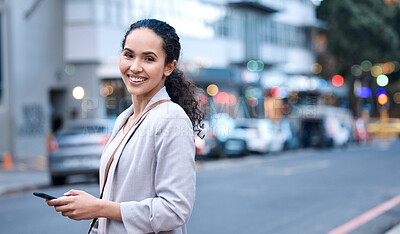 Buy stock photo Happy, portrait and a woman in the city with a phone for communication, social media and a chat. Smile, internet and a young employee with a mobile in the street for a a gps, notification and typing