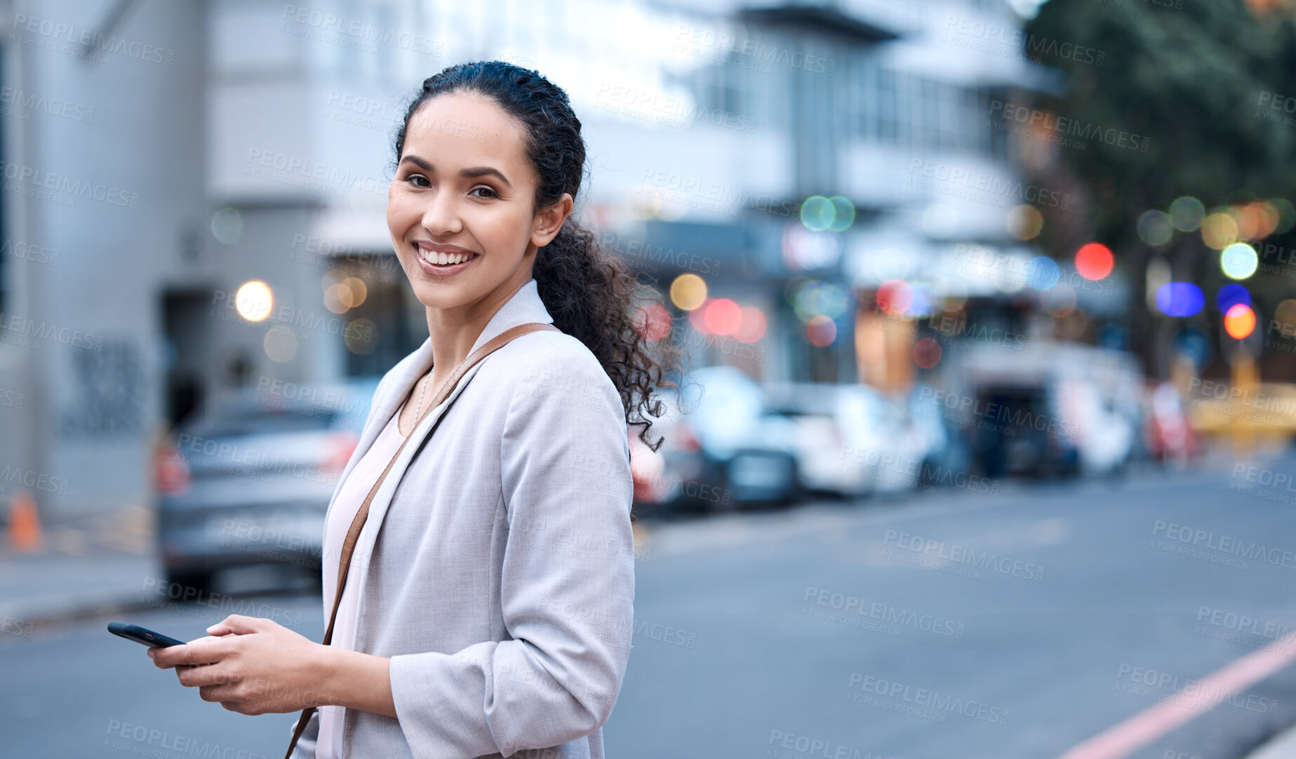 Buy stock photo Happy, portrait and a woman in the city with a phone for communication, social media and a chat. Smile, internet and a young employee with a mobile in the street for a a gps, notification and typing
