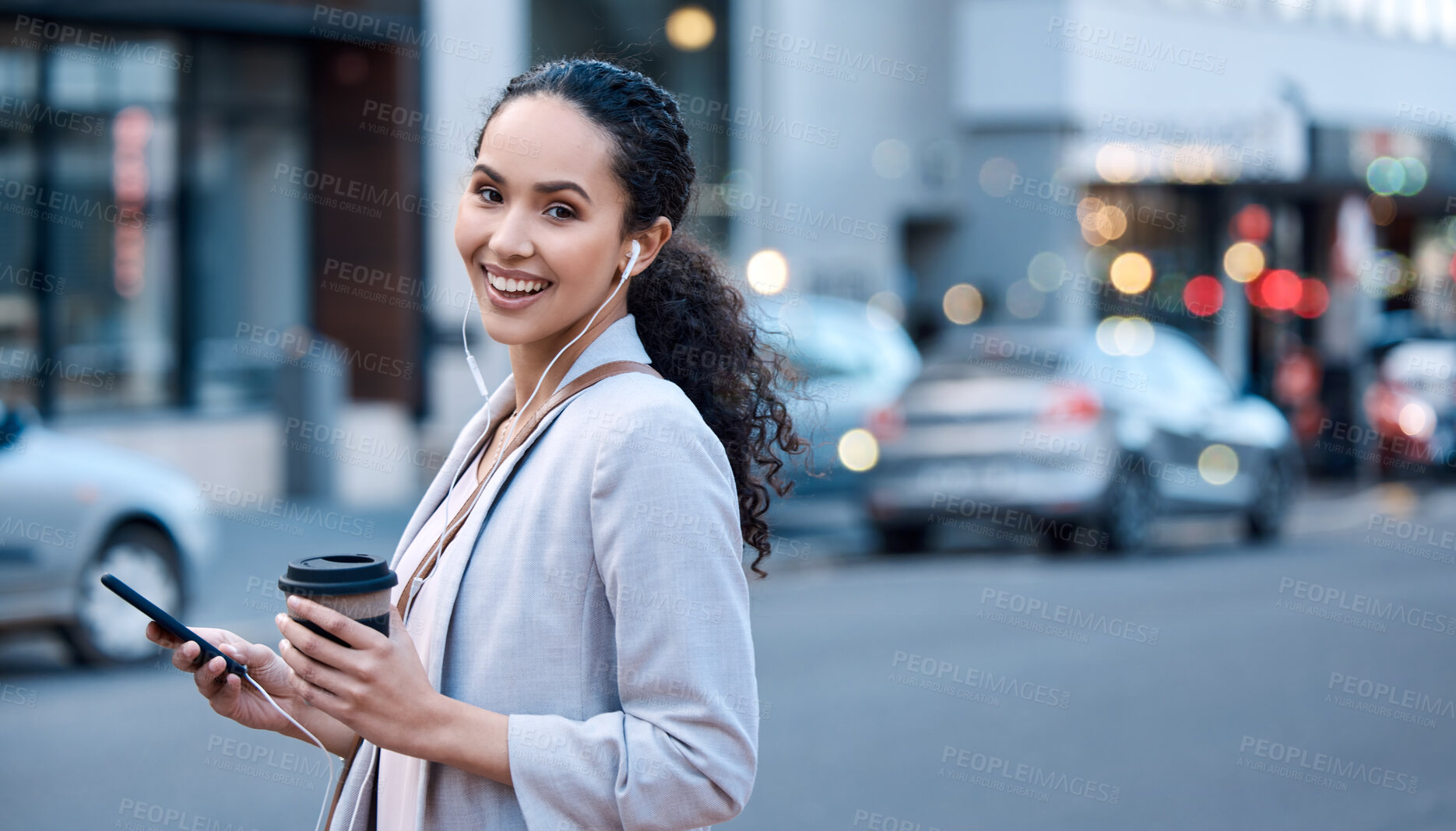 Buy stock photo Music, phone and portrait of businesswoman in city for streaming, social media and audio. Happy, smile and podcast with female employee in outdoors for coffee break, online radio and technology