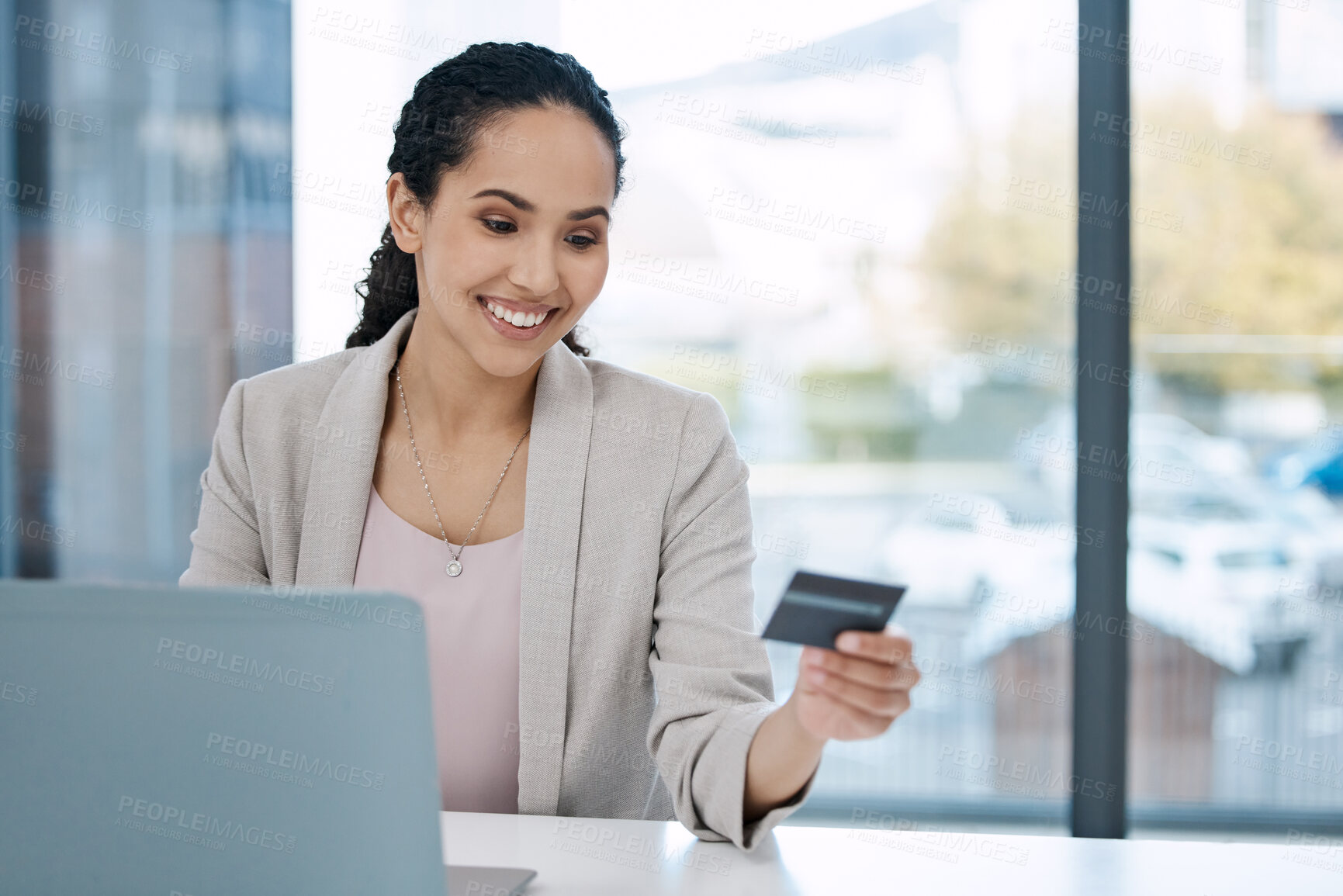 Buy stock photo Business woman, laptop online shopping and smile with happiness and credit card. Paying bills, happy worker and ecommerce purchase of employee banking with website payment at a desk with computer