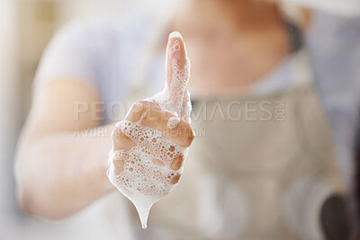 Buy stock photo Closeup, soap and person with thumbs up, foam and hygiene with healthy habits, agreement and wellness. Zoom, woman and girl with hand gesture, promotion or daily care with bacteria, clean and bubbles