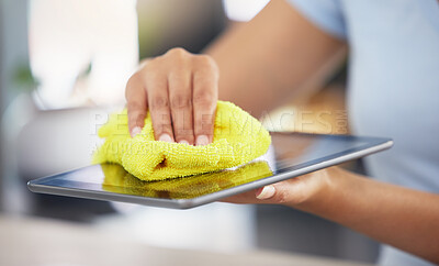 Buy stock photo Hands, tablet and cloth for cleaning tech, dirt or dust with hygiene, health and household routine. Cleaner with fabric, detergent or disinfection with wipe for screen, technology and maintenance
