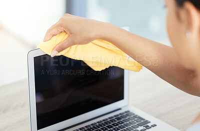 Buy stock photo Woman, hands and cleaning with laptop for dust, dirt or bacteria or germ removal on desk at office. Closeup of female person or employee wiping equipment or computer for sanitizing or disinfection
