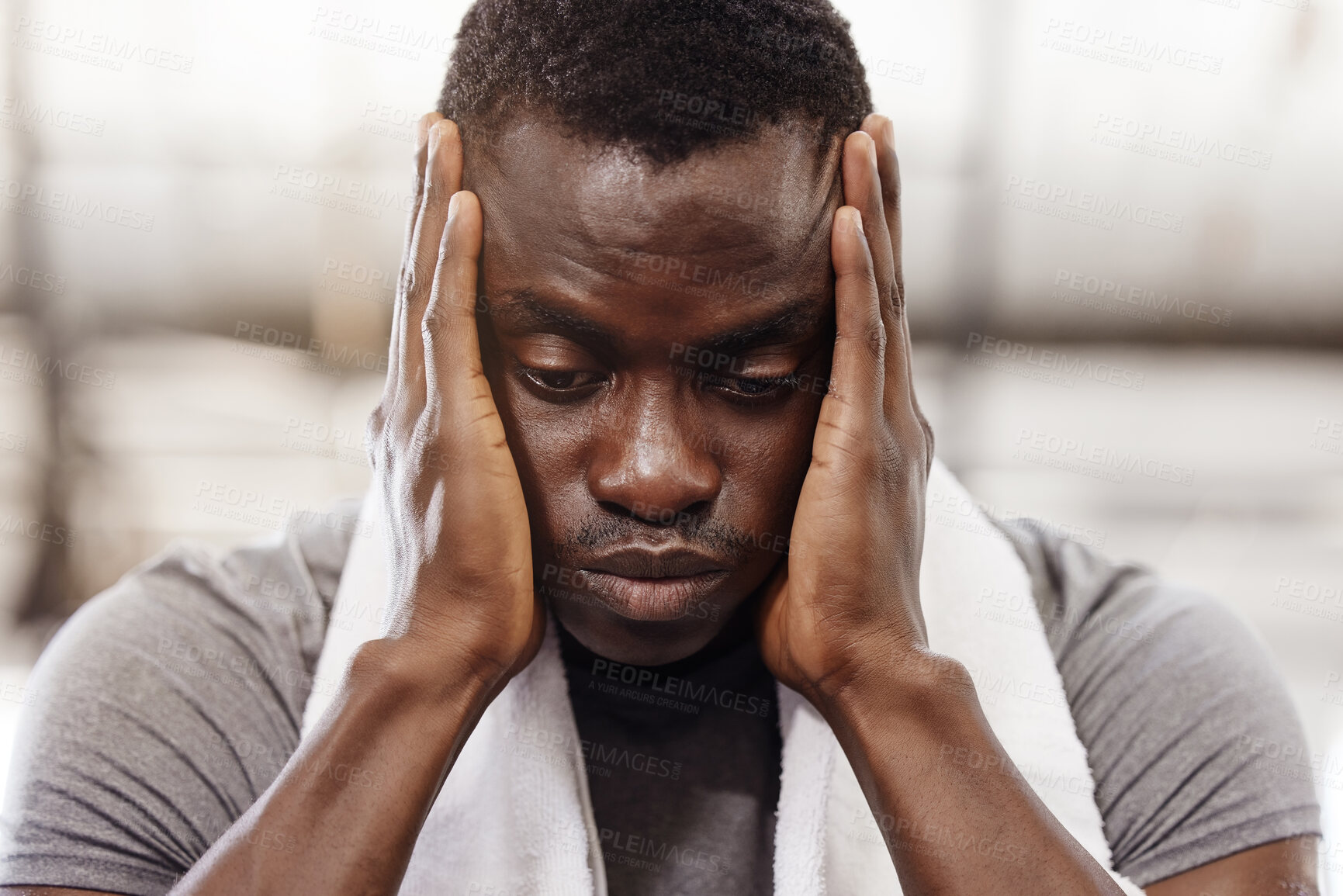 Buy stock photo Fitness, stress and black man with exercise, headache and workout with training, tired and fatigue. Male person, guy or athlete with mental health issue, anxiety or burnout with sports and frustrated