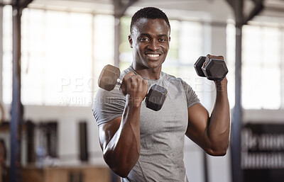 Buy stock photo Exercise, dumbbells and portrait of a black man at gym for fitness, training workout and strong muscle. African athlete or bodybuilder person with weights for bicep power and performance at a club 