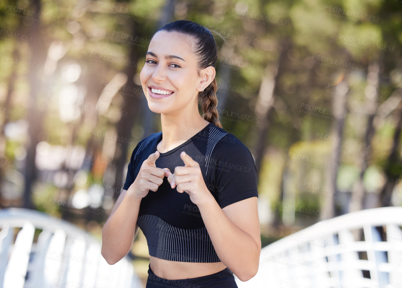 Buy stock photo You, portrait of runner or happy woman pointing in park ready for a workout, exercise or fitness training. Face, sports girl or excited athlete with smile, positive mindset or wellness in nature 