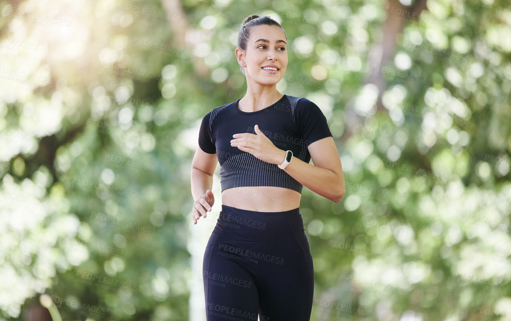 Buy stock photo Smile, fitness or happy woman running in park training, cardio exercise or body workout for marathon. Wellness, athlete runner smiling or healthy sports girl exercising on jog outdoors in nature 