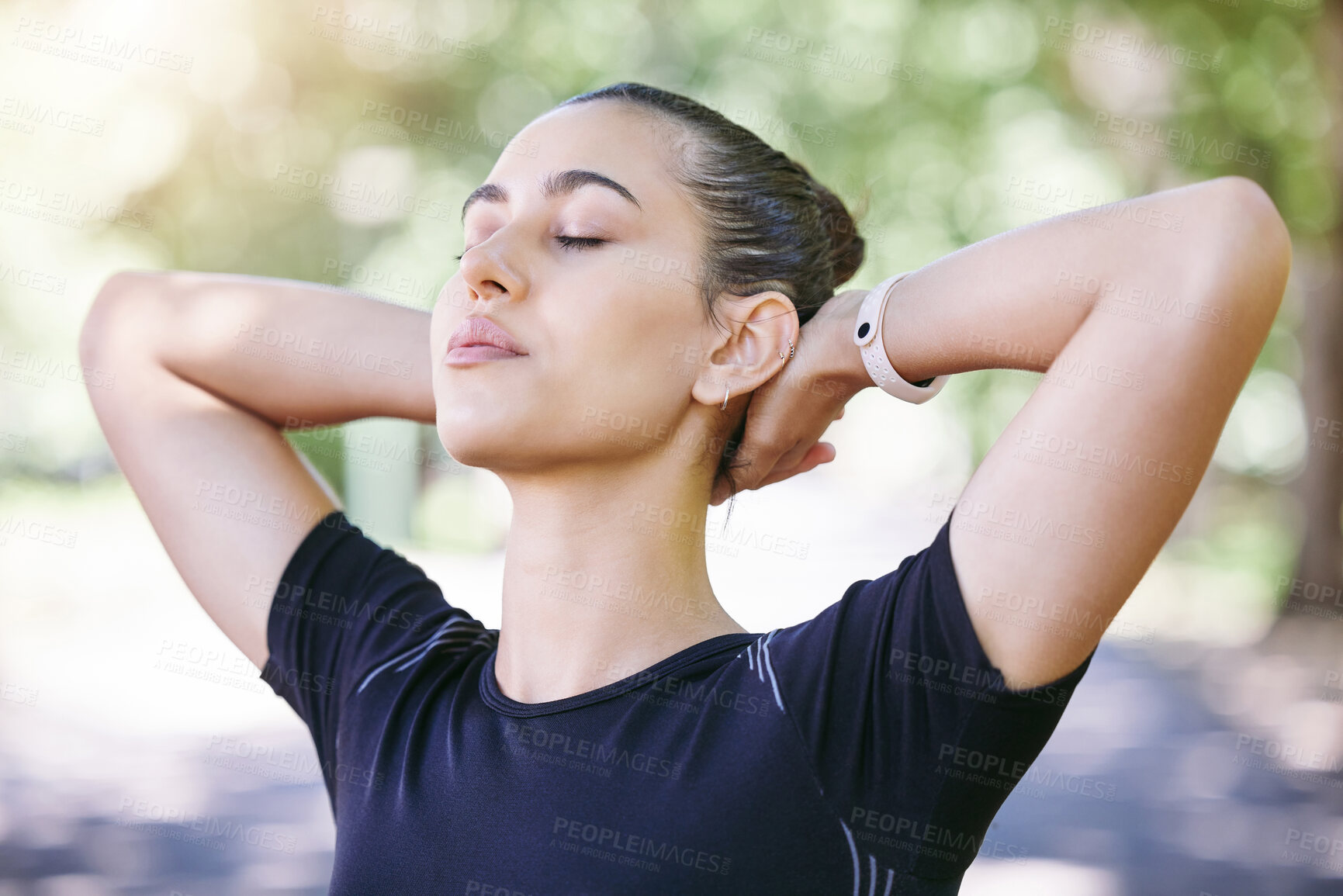 Buy stock photo Fitness, runner or woman stretching her neck for workout or body movement while relaxing on break. Wellness, athlete or healthy girl in exercise training warm up for flexibility or mobility in park