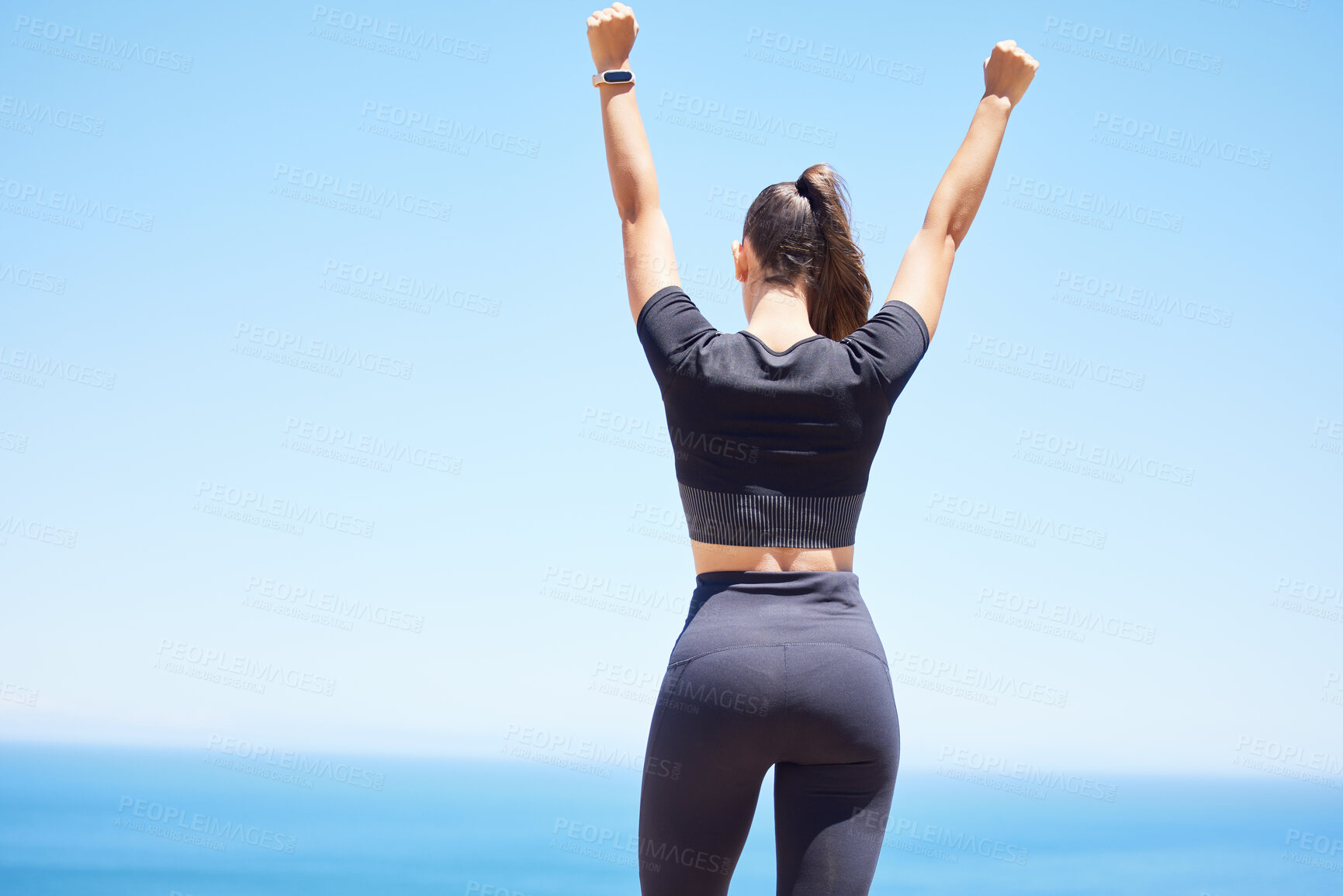 Buy stock photo Freedom, fitness and woman with success on blue sky, exercise and running with cardio in nature. Athlete, sports and mockup space for workout, challenge with training and health for adventure outdoor