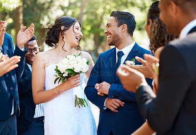 Buy stock photo Happy bride and groom laughing and looking joyful after wedding ceremony and ready to celebrate with friends and family at their wedding