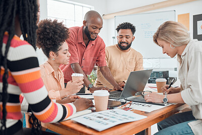 Buy stock photo Group of happy diverse businesspeople having a meeting in a modern office at work. Young african american businessman talking to his colleagues while showing an idea using a laptop. Creative businesspeople planning together