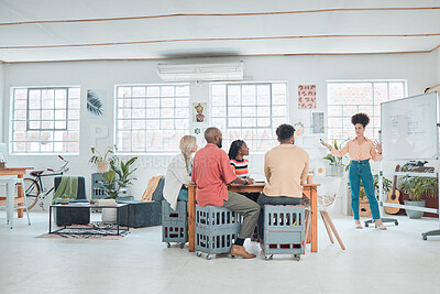 Group of diverse businesspeople having a meeting in a modern office at work. Young hispanic businesswoman doing a presentation of an idea on a whiteboard in a boardroom with colleagues. Businesspeople planning together