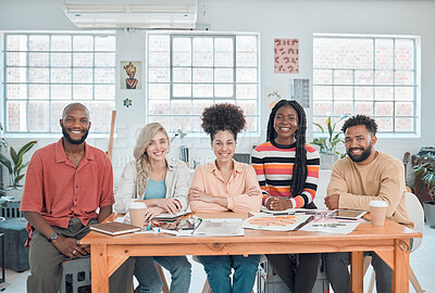 Buy stock photo Portrait of a group of happy diverse businesspeople having a meeting in a modern office at work. Cheerful business professionals sitting at a table. Creative businesspeople planning together