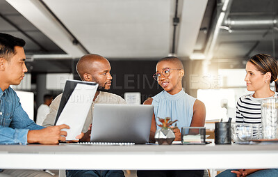 Buy stock photo Group of diverse businesspeople having a meeting in an office at work. Business professionals talking in an office. Businesspeople planning together