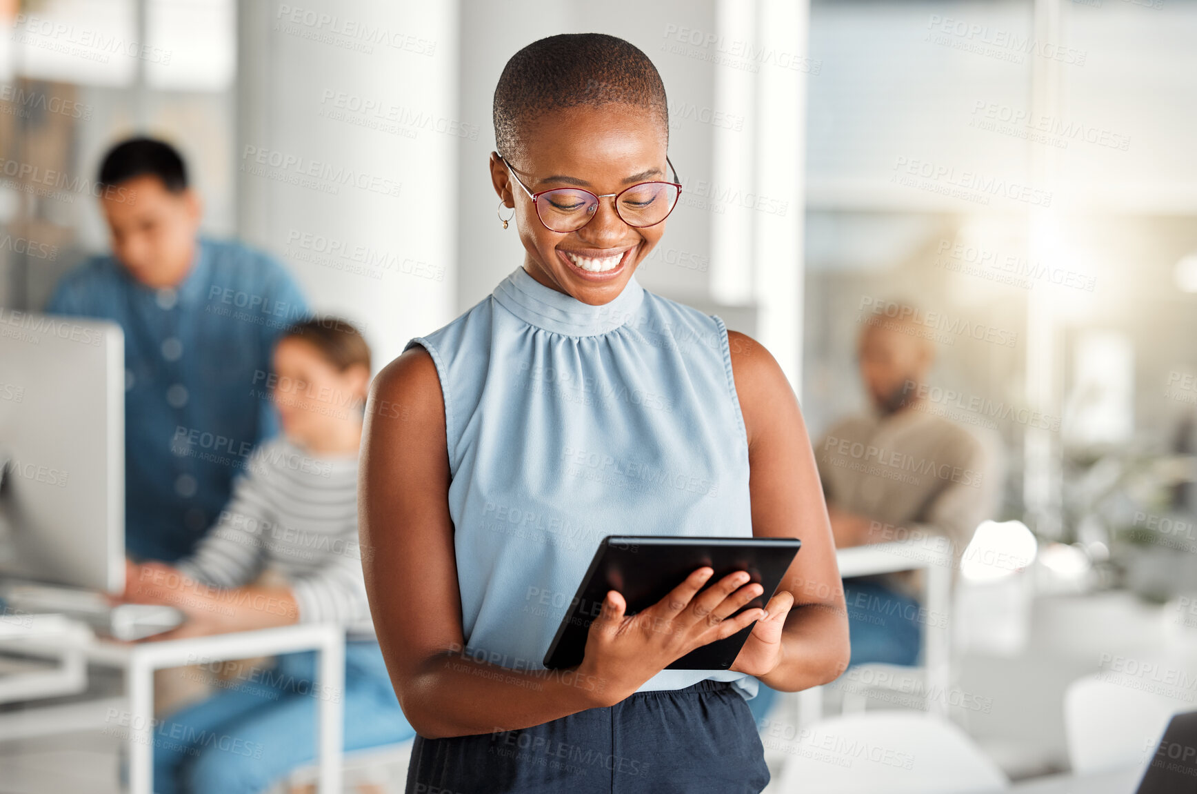 Buy stock photo Happy, business tablet and black woman, designer or creative in coworking office. Touchscreen, technology and African female professional on email app, design research or website, internet or reading