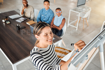 Group of diverse businesspeople having a meeting in an office at work. Young happy mixed race businesswoman smiling while writing an idea on a whiteboard in a boardroom with colleagues. Businesspeople planning together