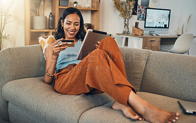 Buy stock photo Woman on sofa with tablet, credit card and online shopping of fintech payment on ecommerce at home. Happy female customer in apartment, bank app or sale on store website with digital internet banking