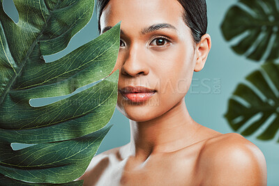 Buy stock photo Studio portrait of an attractive young mixed race woman posing with a leaf against a green background. Latin female posing with a plant with her smooth soft skin