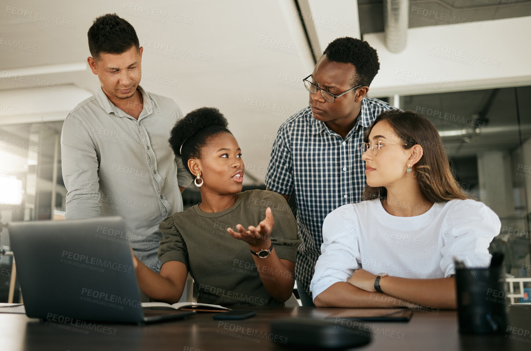 Buy stock photo Diverse employees listening to businesswoman coach at briefing, mentor explaining strategy, training staff and using laptop. Business team brainstorming and sharing ideas
