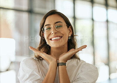 Buy stock photo Happy, face and excited with hands on woman for cheerful, playful and startup. Happiness, designer and pride with female employee presenting smile for creative, entrepreneur and business