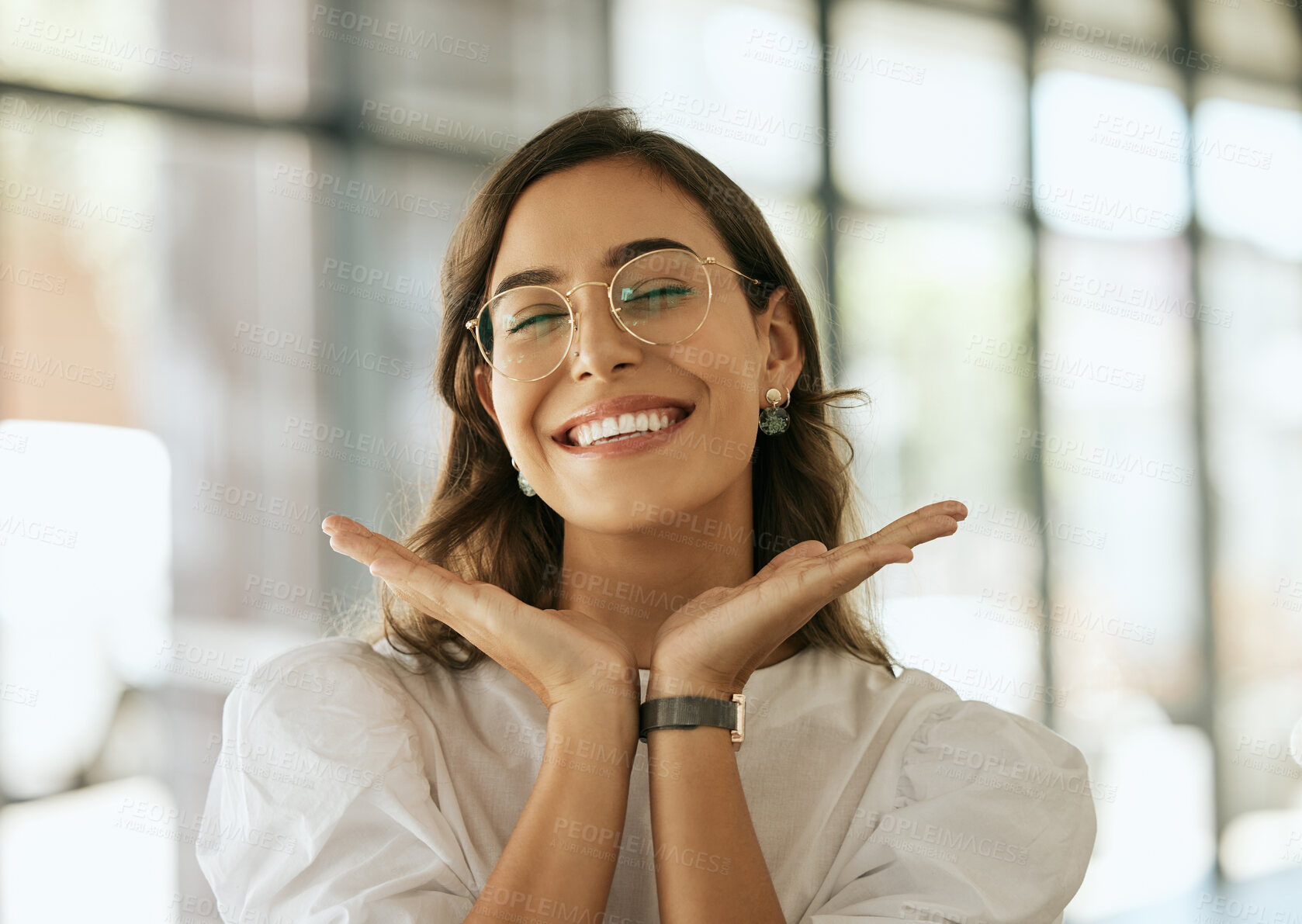Buy stock photo Happy, face and excited with hands on woman for cheerful, playful and startup. Happiness, designer and pride with female employee presenting smile for creative, entrepreneur and business