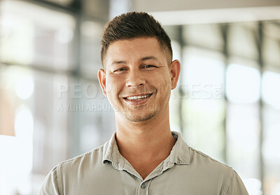 Buy stock photo Happy hispanic business man entrepreneur startup owner standing in office looking at camera. Smiling young designer posing in work space